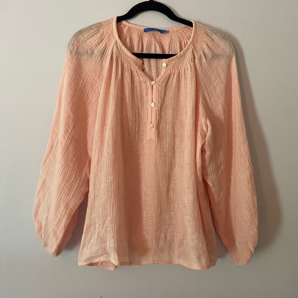 J. McLaughlin Peach Pink Linen Peasant Blouse Smocked Women's size Medium